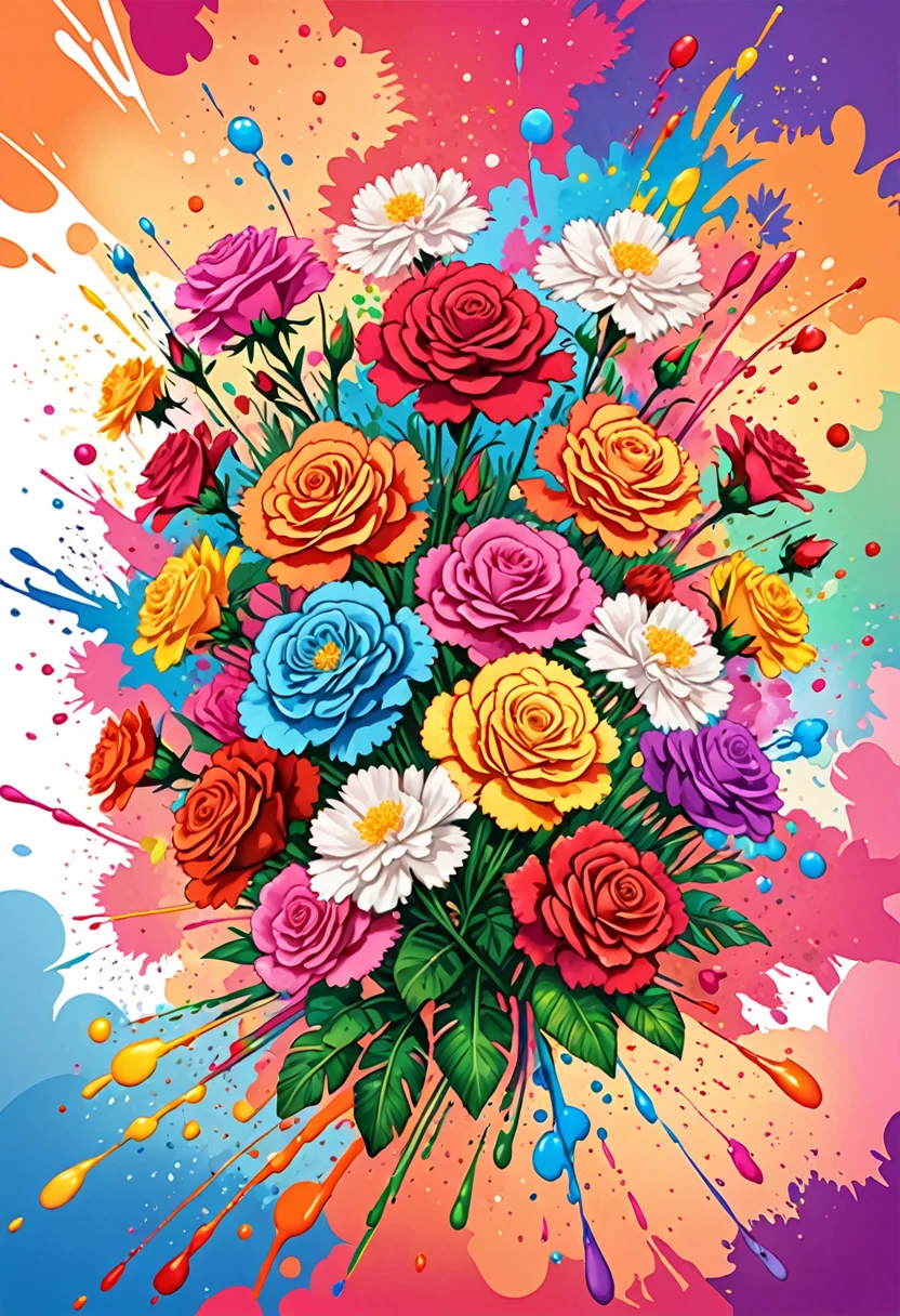 vectorial art, Colorful illustration with many roses and carnations in the center, swirly vibrant colors, paint splashes and smears, high détail, Hawaiian style background