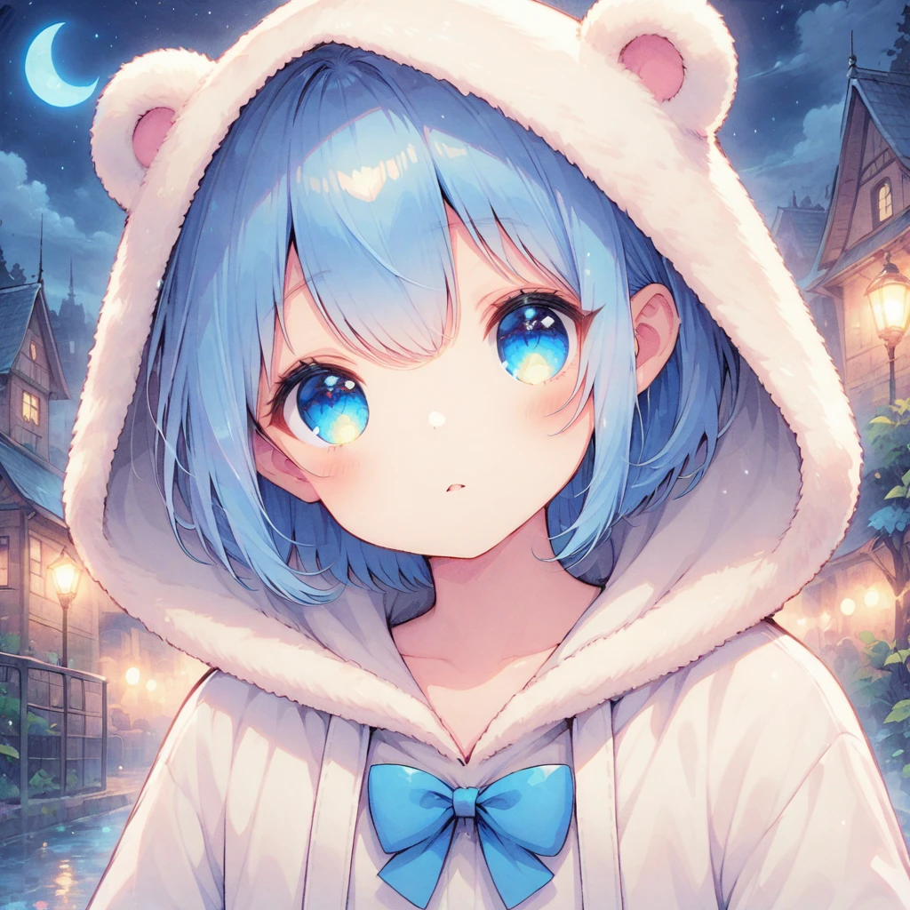 blue hair, blue eyes, mash, hood, night, boy