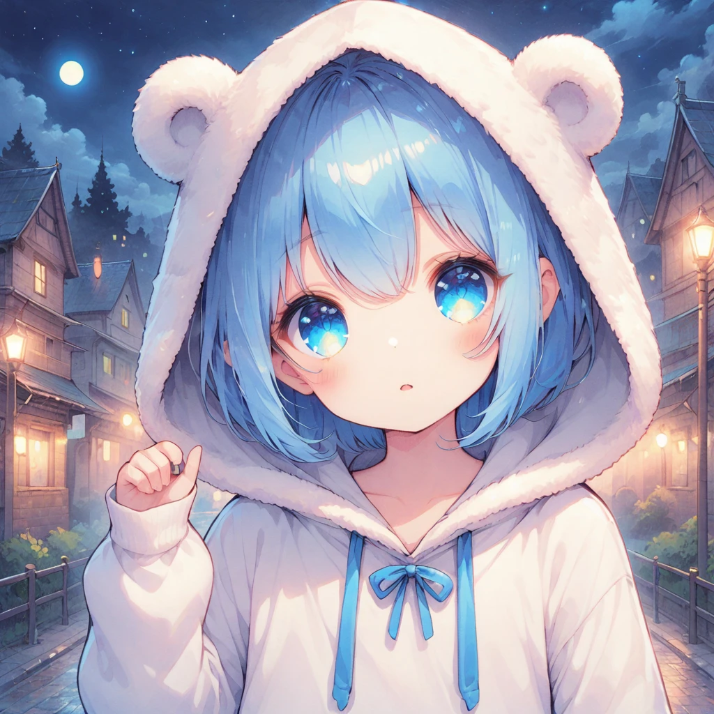 blue hair, blue eyes, mash, hood, night, boy