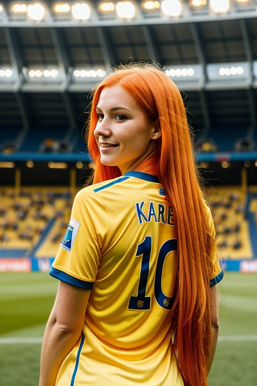 Woman with long orange hair wearing yellow and blue soccer jersey with the name Karen in a stadium. The woman is on her back