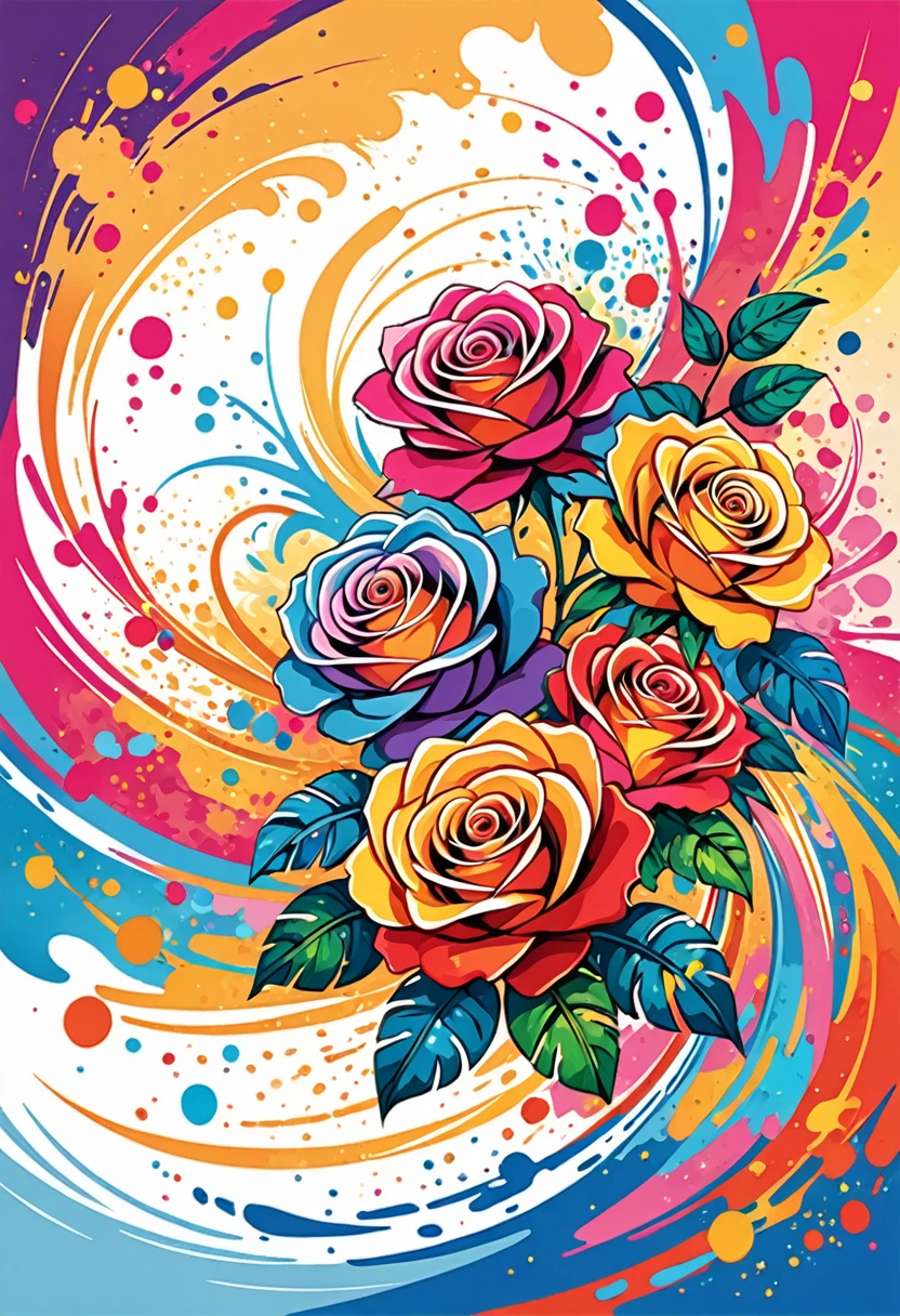 vectorial art, Colorful illustration with many roses, At the center, swirly vibrant colors, paint splashes and smears, high détail, Hawaiian style background