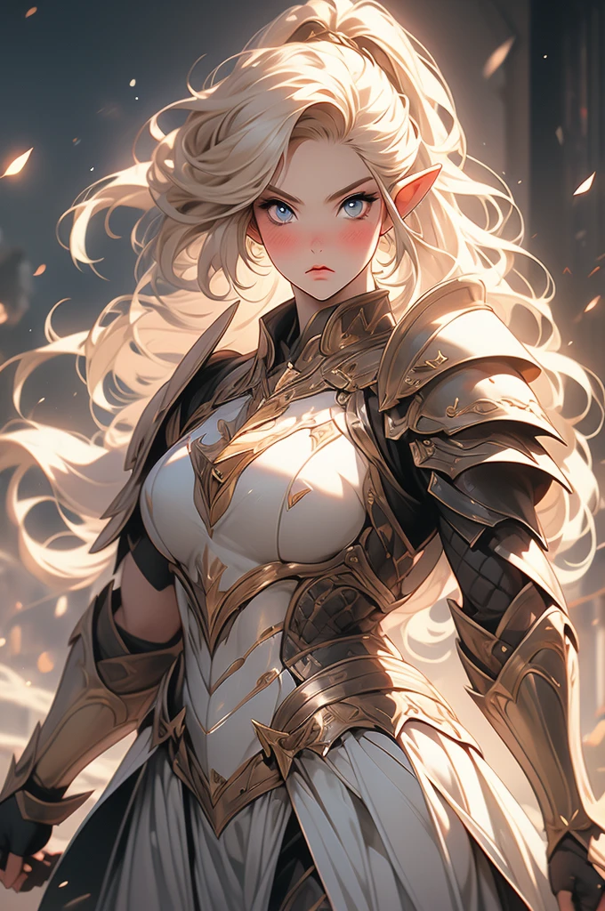 heroine, plump, voluptuous, elven ears, blonde hair, fierce eyes, plate armor, sword, fierce pose, striking pose, combat, blush