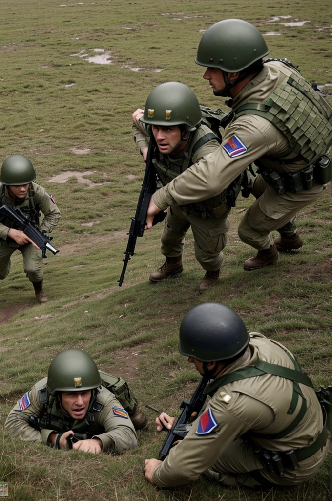 Create a combat zone, on a rainy and cloudy day where there are three Argentine human soldiers from the Falklands War and a British human soldier from the Falklands War, fighting together against zombies Argentine and British soldiers while above their heads, at a low height from the ground an Argentine C13 HERCULES passes.
