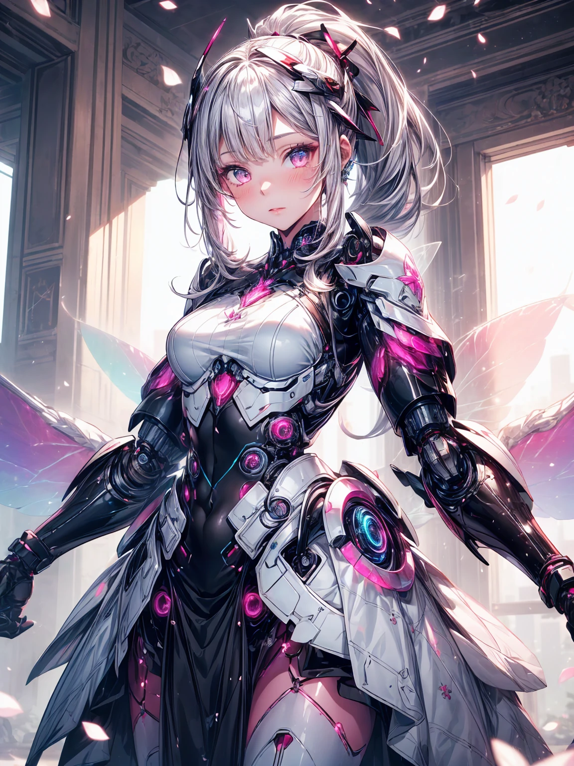 (1 Girl:1.0), (Age 25:1.0), (Medium Chest: 1.0), (Silver short ponytail: 1.2), (Beautiful photorealistic face:1.1), (small, Clear ruby eyes:1.0), (Cybernetic female robot: 1.0), (Mech Suit: 1.0), (White Cuirass:1.0), (Doll joints: 1.0), (Pink gorgeous modest dress skirt:1.0), (Decorative embroidery:1.0), (White luxury dress:1.0), (cherry blossoms:1.0), (iridescent holographic fairy wings":1.3)、公園の満開のcherry blossomsの下、female android images. 彼女の周りでcherry blossomsの花びらが舞う.
Highest quality, masterpiece