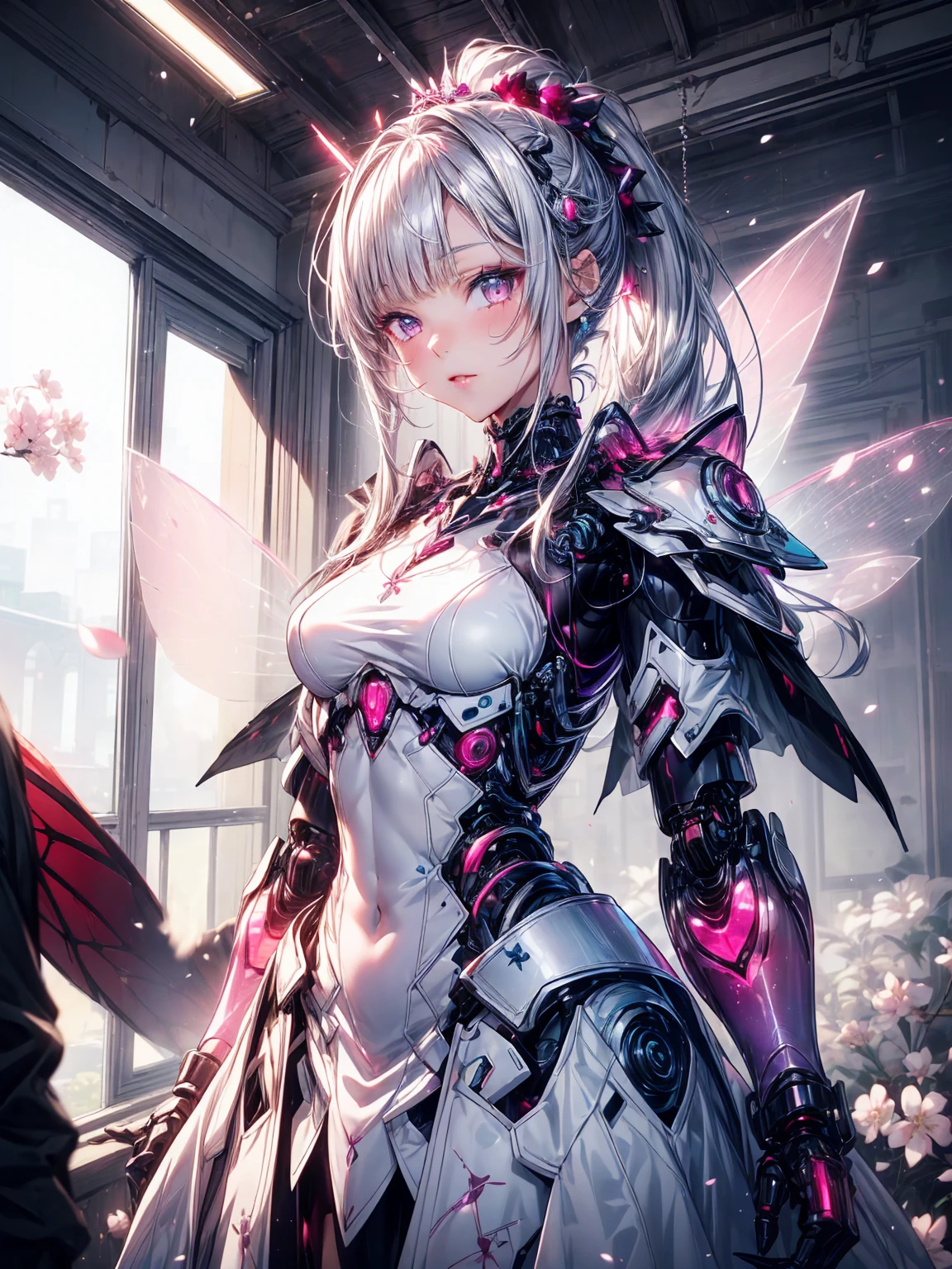 (1 Girl:1.0), (Age 25:1.0), (Medium Chest: 1.0), (Silver short ponytail: 1.2), (Beautiful photorealistic face:1.1), (small, Clear ruby eyes:1.0), (Cybernetic female robot: 1.0), (Mech Suit: 1.0), (White Cuirass:1.0), (Doll joints: 1.0), (Pink gorgeous modest dress skirt:1.0), (Decorative embroidery:1.0), (White luxury dress:1.0), (cherry blossoms:1.0), (iridescent holographic fairy wings":1.3)、公園の満開のcherry blossomsの下、female android images. 彼女の周りでcherry blossomsの花びらが舞う.
Highest quality, masterpiece