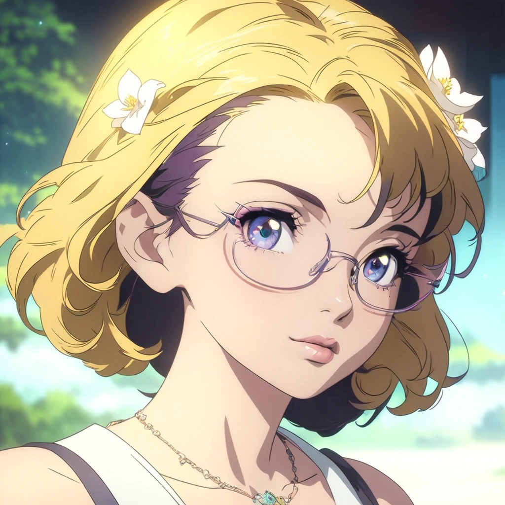 anime girl with glasses and a necklace with a flower in her hair, detailed digital anime art, artwork in the style of guweiz, anime style 4 k, digital anime illustration, anime moe artstyle, anime style portrait, detailed portrait of anime girl, beautiful anime portrait, anime style. 8k, digital anime art, guweiz