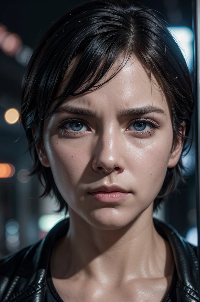 Close-up of Detective Ryder's face, looking concerned and skeptical, with the colorful lights of Neo-Tokyo reflected in his eyes