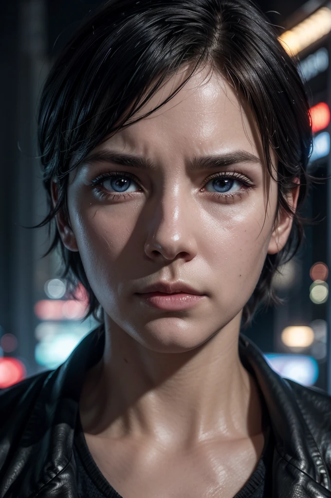 Close-up of Detective Ryder's face, looking concerned and skeptical, with the colorful lights of Neo-Tokyo reflected in his eyes