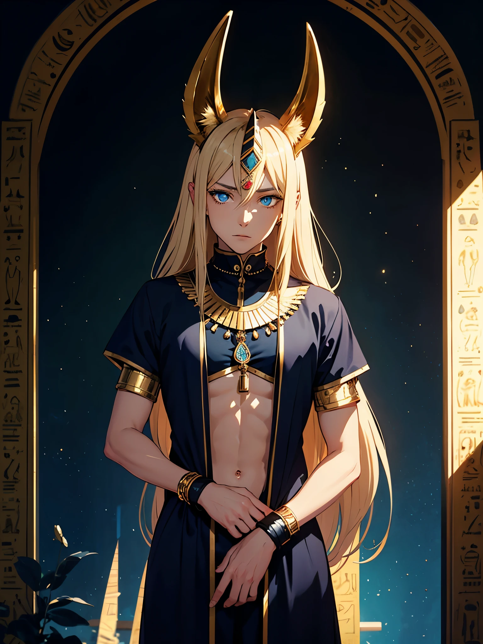 Blaue Augen. Mehr anime. Hübsch. Anubis. Anubisohren. Jackal ears with fur. Teenage boy. Egyptian deity Anubis. Egyptian clothing. long blond hair. Lots of gold jewelry. dark skin. Egyptian. dazzling blue eyes. mystical. divine.