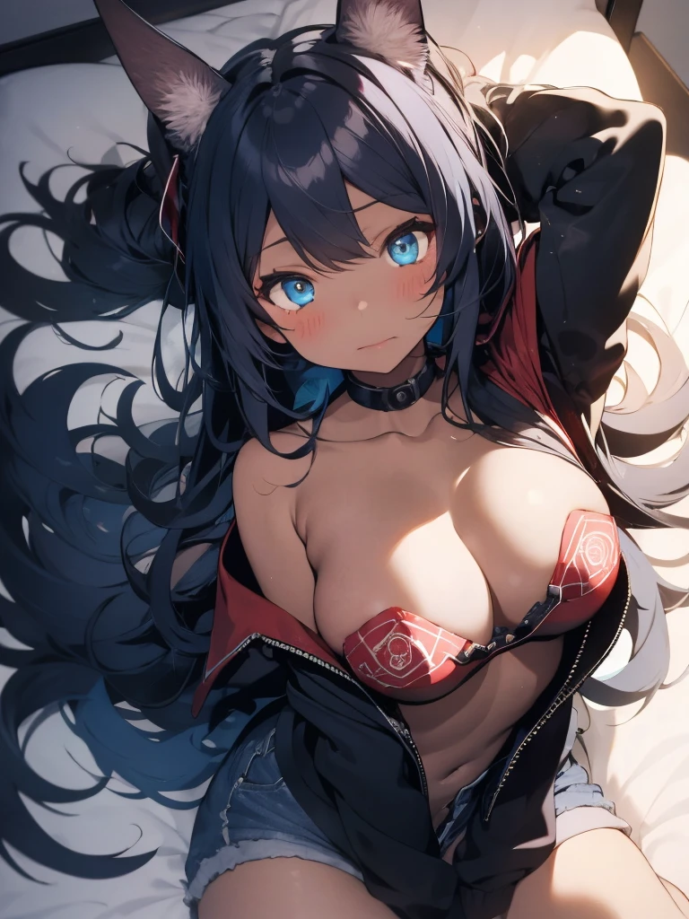 Miku Hatsune, add alta definición_detail:1, blue fur,kitsune ears, tatuaje tribal add_detail:1,pose in bed, scoating position during a full moon showing off her beautiful figure and her outfit (black blouse bare shoulders, denim mini shorts) add_details:1, sonriendo add_detailsl:1, ear piercing add_detail:1, scoating position on bed add_detail, shy add_detail:1, aqua add pupils_detail
