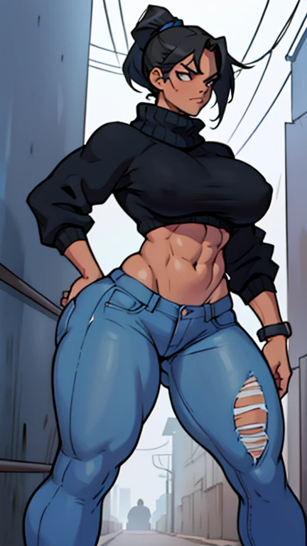Angry gang girl in threatening position, slim thicc, light tanned skin, dark blue ponytail hair, delicate face, perfect medium firm breasts, athletic complexion, very thin waist, muscular abdomen, Wide hips, hip dips, very big thighs, long legs, with a short sweater showing the gray abdomen, very tight jeans, combat boots, in dangerous alley scenario