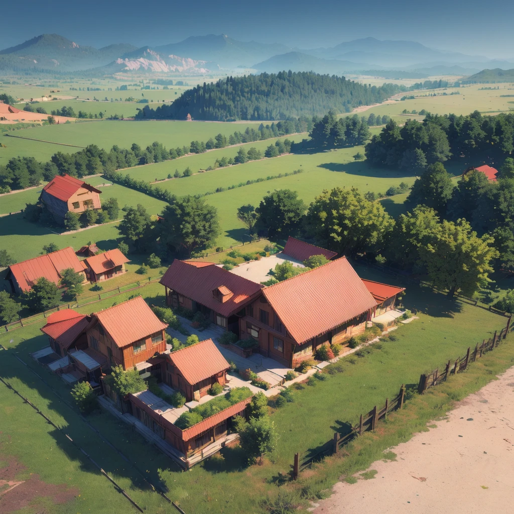 (Isometric Art:1.5)，(high quality，Masterpiece，Octane Rendering，Ray Tracing，Extremely detailed，3d，8K:1.5) ，The art of math，grassland，Farm，Log House，background mountains