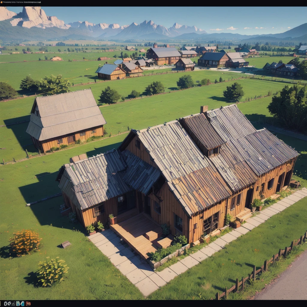 (Isometric Art:1.5),(high quality,Masterpiece,Octane Rendering,Ray Tracing,Extremely detailed,3d,8K:1.5) ,The art of math,grassland,Farm,Log House,background mountains