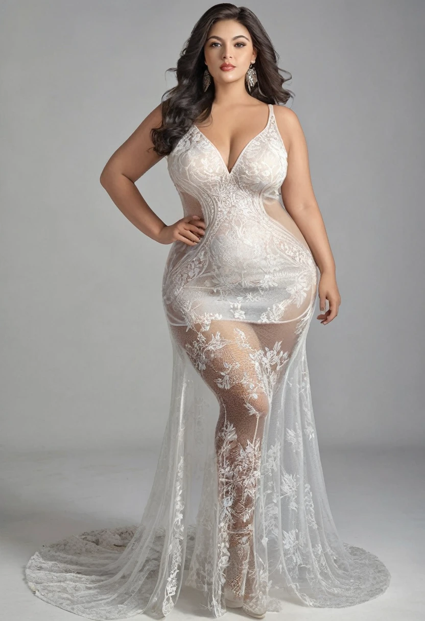 A gorgeous voluptuous woman wearing thin see-through dress, masterpiece, highest quality, best quality, highly detailed, ultra realistic,