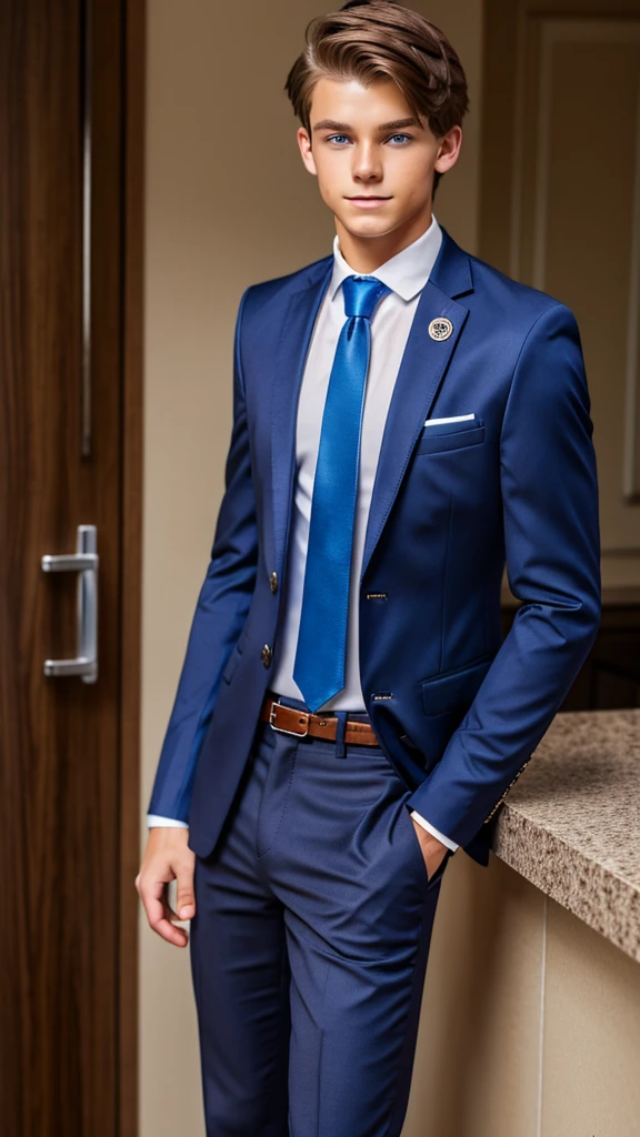 19 year old male wearing tie and lomg sleveed  button up with blazer and vest with dress pants and belts
4K HIGH REZ 

Physical Description: Brown colored hair and skinny build. 5"5 and 150 LB. Blue eyes. 

.