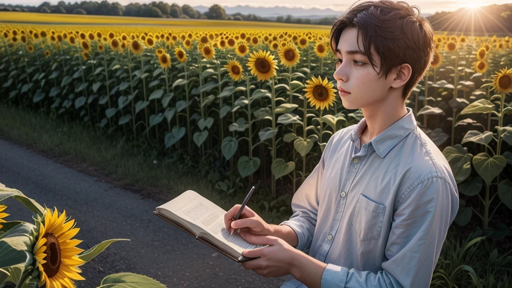 Describe the scene of a young poet, with a calm and serene countenance, immersed in a lush field of sunflowers. The sun's rays gently illuminate his face as he holds a notebook in his hands, ready to capture the inspiration around him.