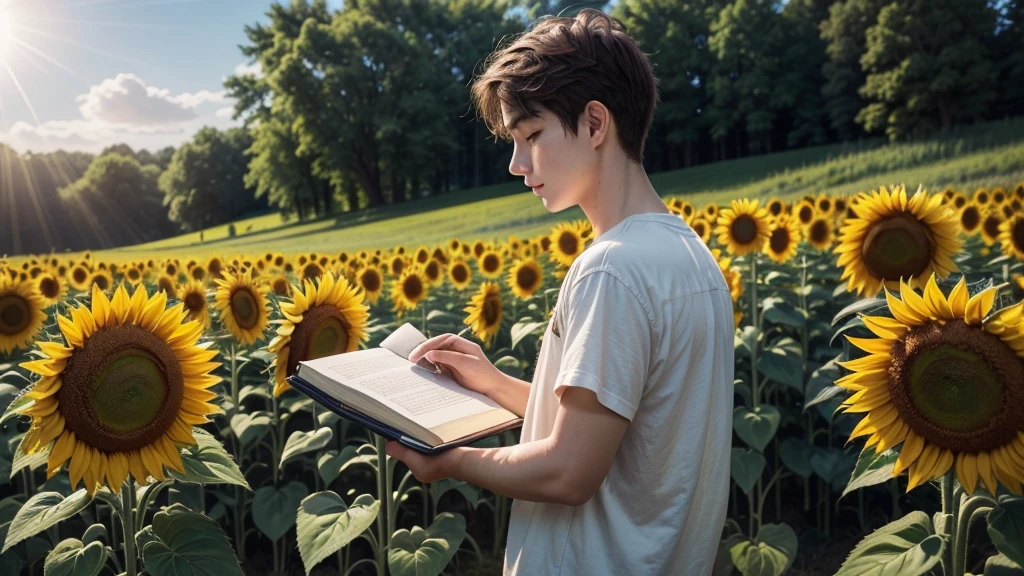 Describe the scene of a young poet, with a calm and serene countenance, immersed in a lush field of sunflowers. The sun's rays gently illuminate his face as he holds a notebook in his hands, ready to capture the inspiration around him.
