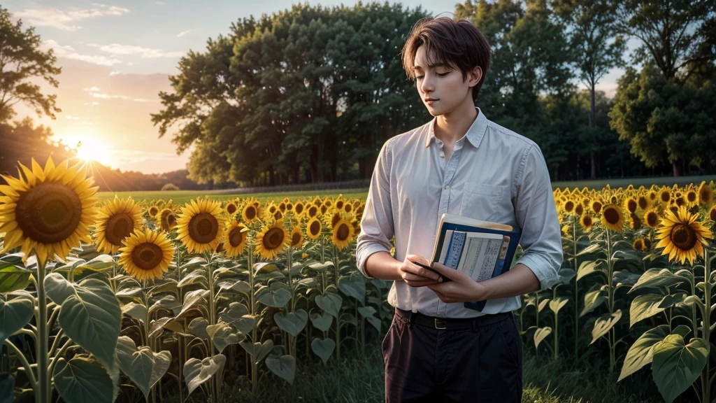 Describe the scene of a young poet, with a calm and serene countenance, immersed in a lush field of sunflowers. The sun's rays gently illuminate his face as he holds a notebook in his hands, ready to capture the inspiration around him.