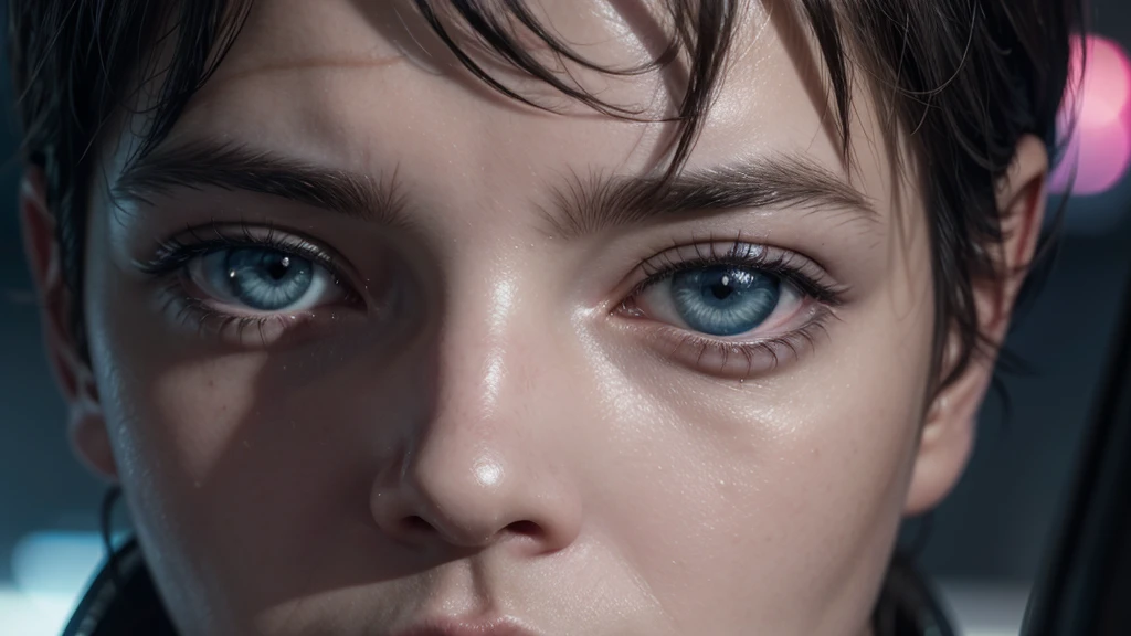 Close-up of Detective Ryder's face, looking concerned and skeptical, with the colorful lights of Neo-Tokyo reflected in his eyes