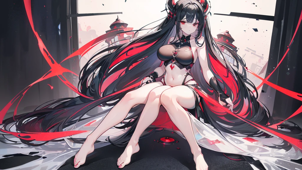 (Exquisite eyes),(Clear and beautiful eyes:1.61),masterpiece, ung girl,(Black clothes and some red gems), Black long hair, (She has a huge red gem on her chest), Good Hand,((The Havoc of StarCraft)),full-body shot,Fighting Stance,(Red Eyes:1.466),short and small,(Very big breasts:1.35),(Pretty Face),(full-body shot:1.33),Beautiful hands