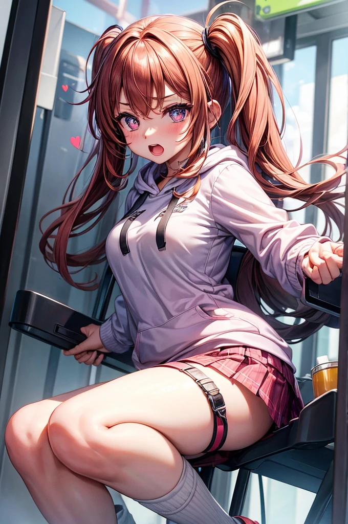 masterpiece,1girl,solo ,heart-shaped pupils,open mouth,hoodie,, stationary restraints,
