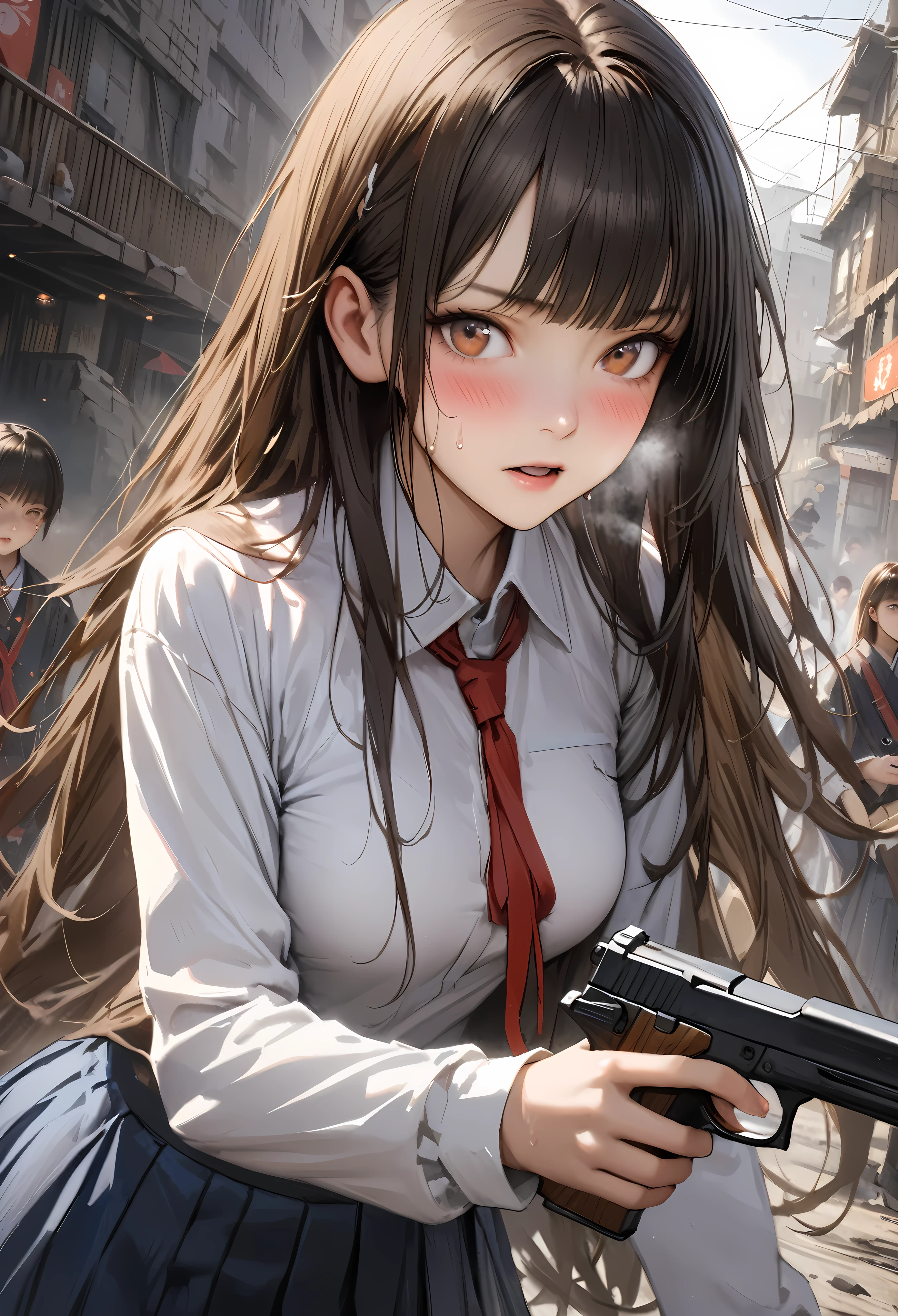 Action Scenes、((A detailed depiction of a woman holding a handgun))、((masterpiece,Highest quality:1.3,best quality illustratio)),(realistic;1.3),cowboy shot,solo,1woman,(18-year-old、Japanese Beauty),dark brown hair,long hair,bangs,brown eyes,gorgeous eyes,(very small head:1.3),blush,Heavy breathing,.(very long body:1.2,skinny),medium breasts,(Red ribbon tie、White long sleeve collared shirt、Navy blue pleated mini skirt),gleaming skin,toned body,slender body,(sweat,shooting、Shoot a gun),Ruined city、Collapsed building、World of Blade Runner、
