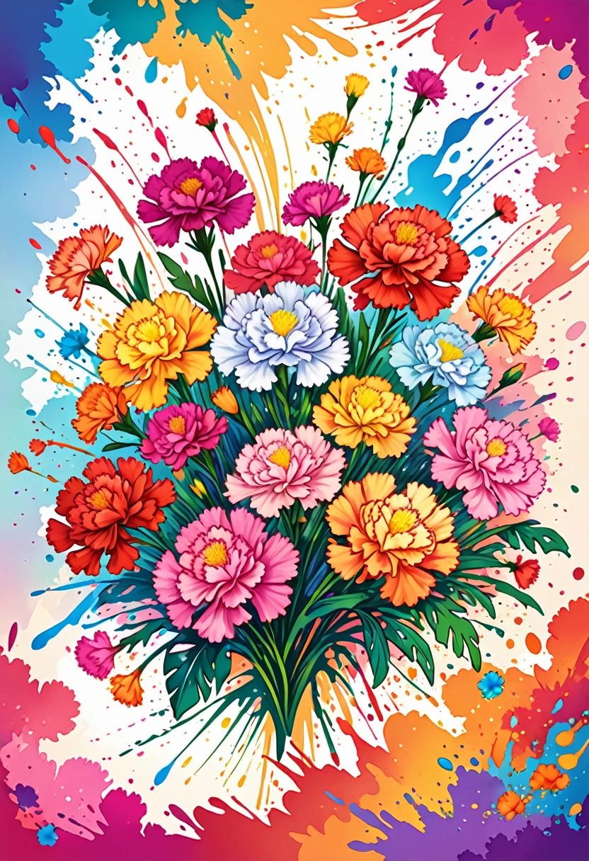 vectorial art, Colorful illustration with many carnation flowers in the center, swirly vibrant colors, paint splashes and smears, high détail, Hawaiian style background
