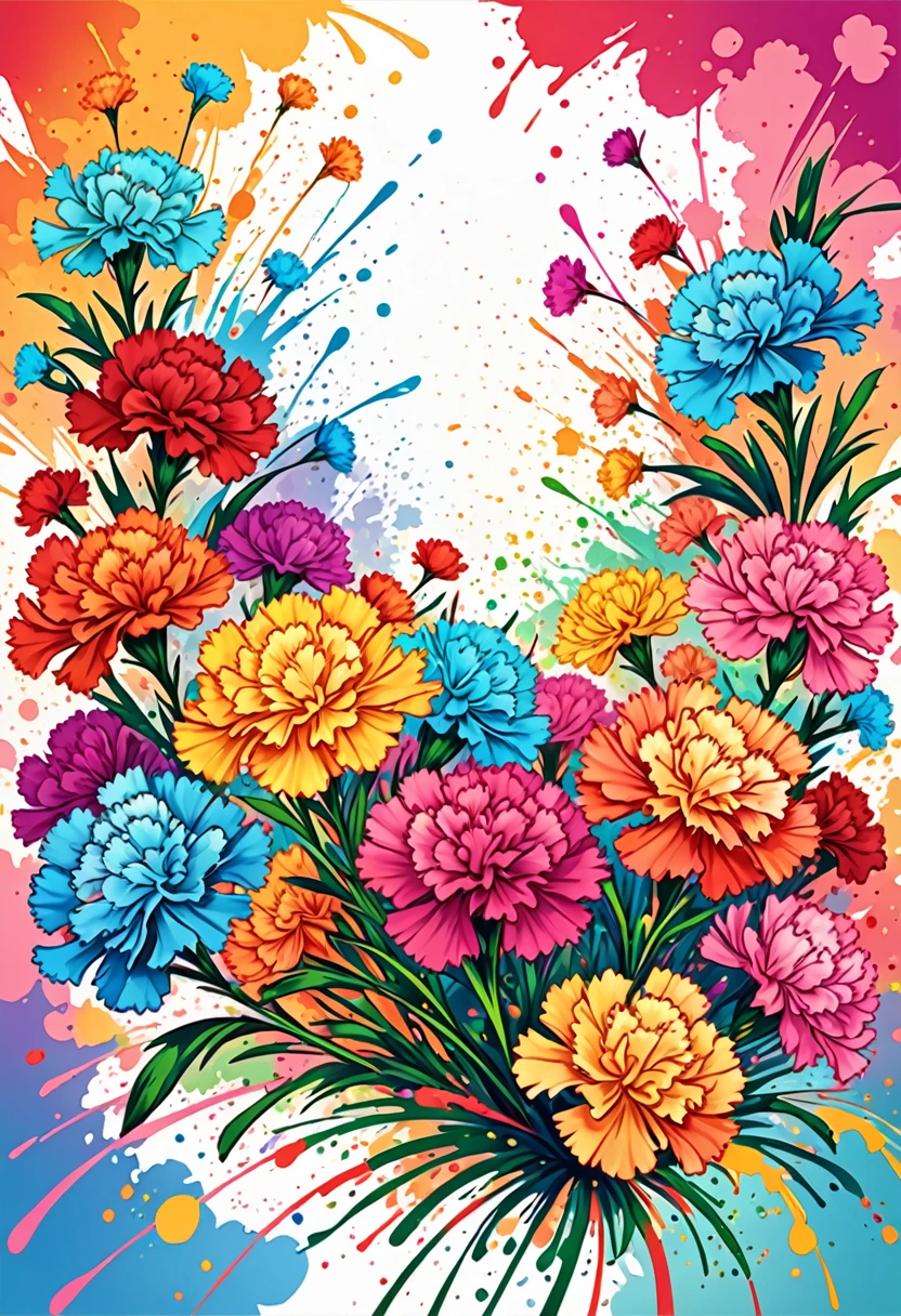 vectorial art, Colorful illustration with many carnation flowers in the center, swirly vibrant colors, paint splashes and smears, high détail, Hawaiian style background