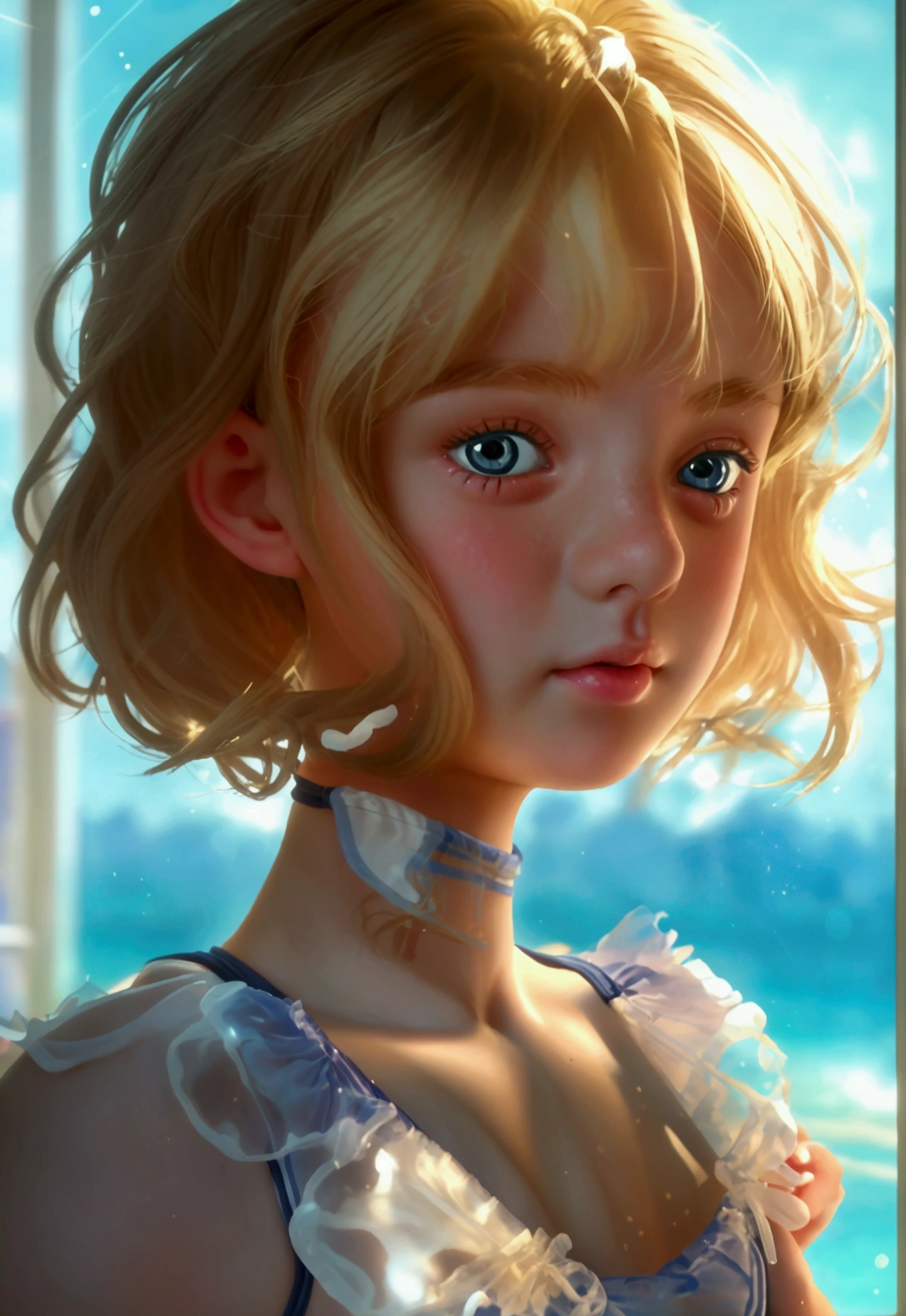 -year blongirl, short wavy hair, blue eyes, cute and delicate, smiling with a blue fish, soft light and soft colors. Perfect hands, Digital art, AI Art.