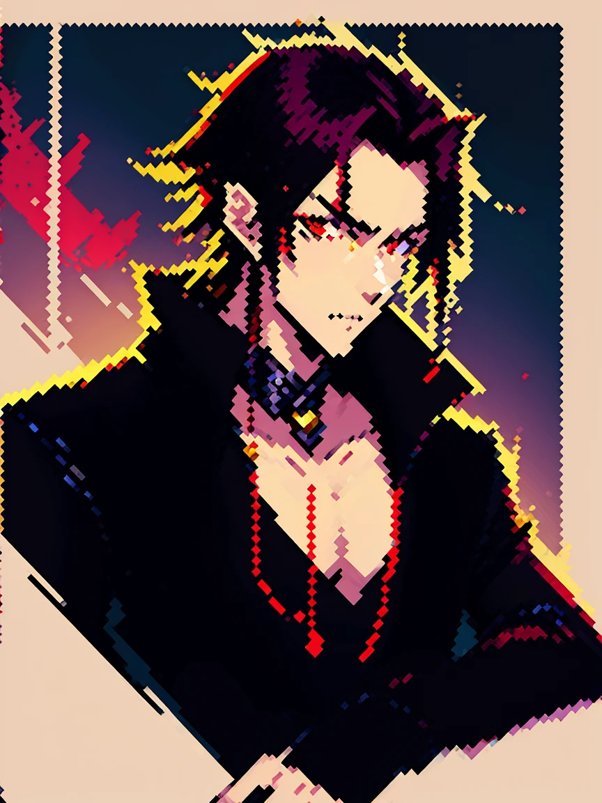 (arte de pixel_1.1) anime - style image of a man in a black jacket, handsome guy in demon slayer art, anime lush john 8k woods, male anime style, handsome japanese demon boy, beautiful androgynous prince, anime handsome man, anime portrait of a handsome man, male anime character, badass anime 8 k, artwork in the style of guweiz, red eyes, mad face, beautiful eye, black long hair, tenn boy, one boy, rose tatto on neck, best eyes, qualit eyes, Johnny Depp concept