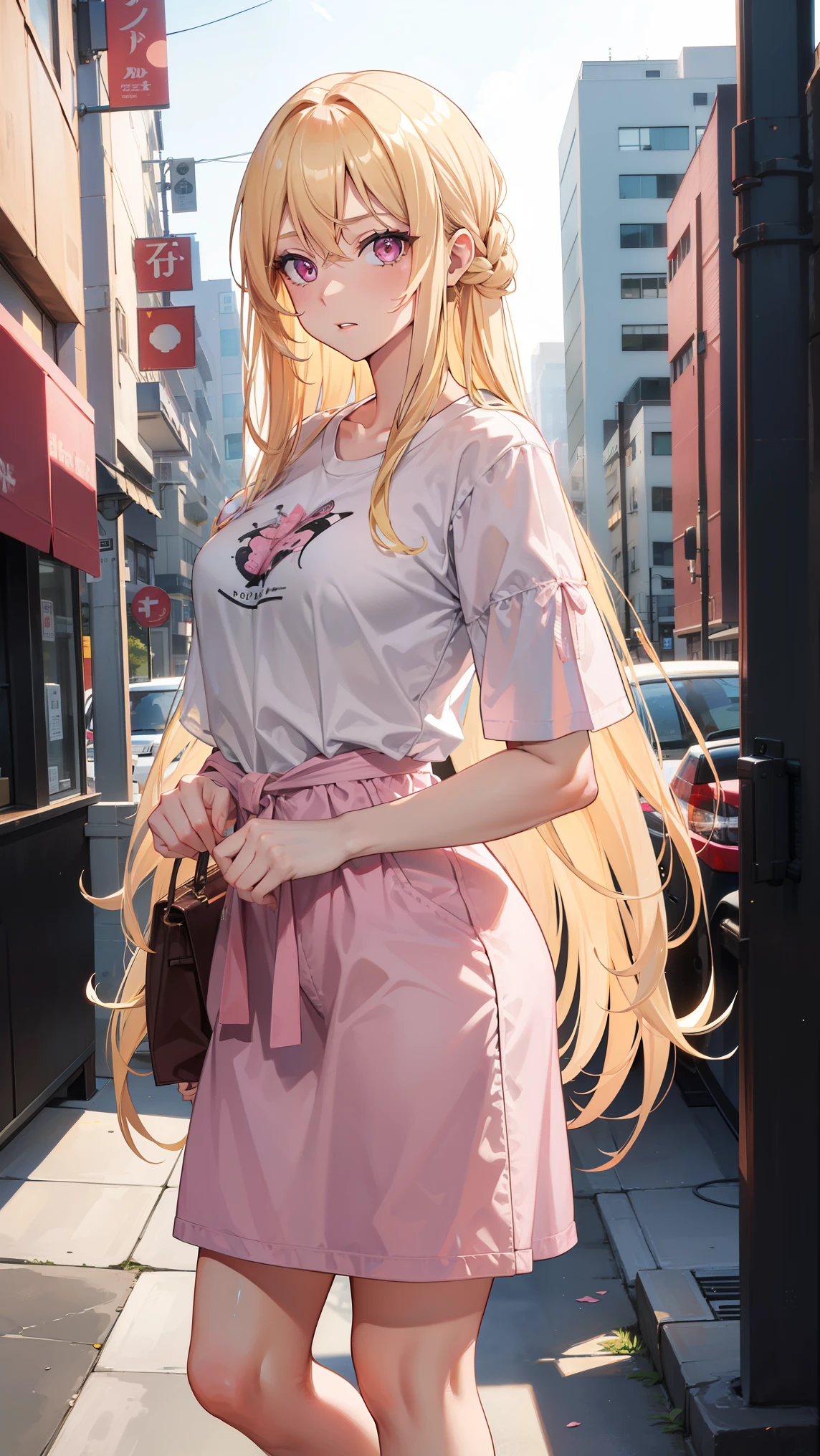 (((Adult woman))), long blonde hair, (Pink eyes), (casual), morning city
