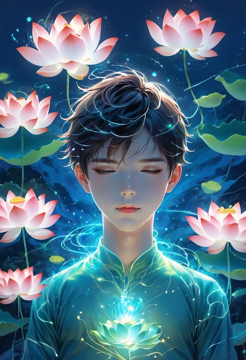 (masterpiece, best quality:1.2), digital art style, charming illustration,Peace pictures,1 boy, 18 years old, Wearing lotus on head,alone,body glow,glowing line,fluorescence,Luminous example,Tracking example,flash,萤light particles,backlight,translucent,light particles,correct human anatomy