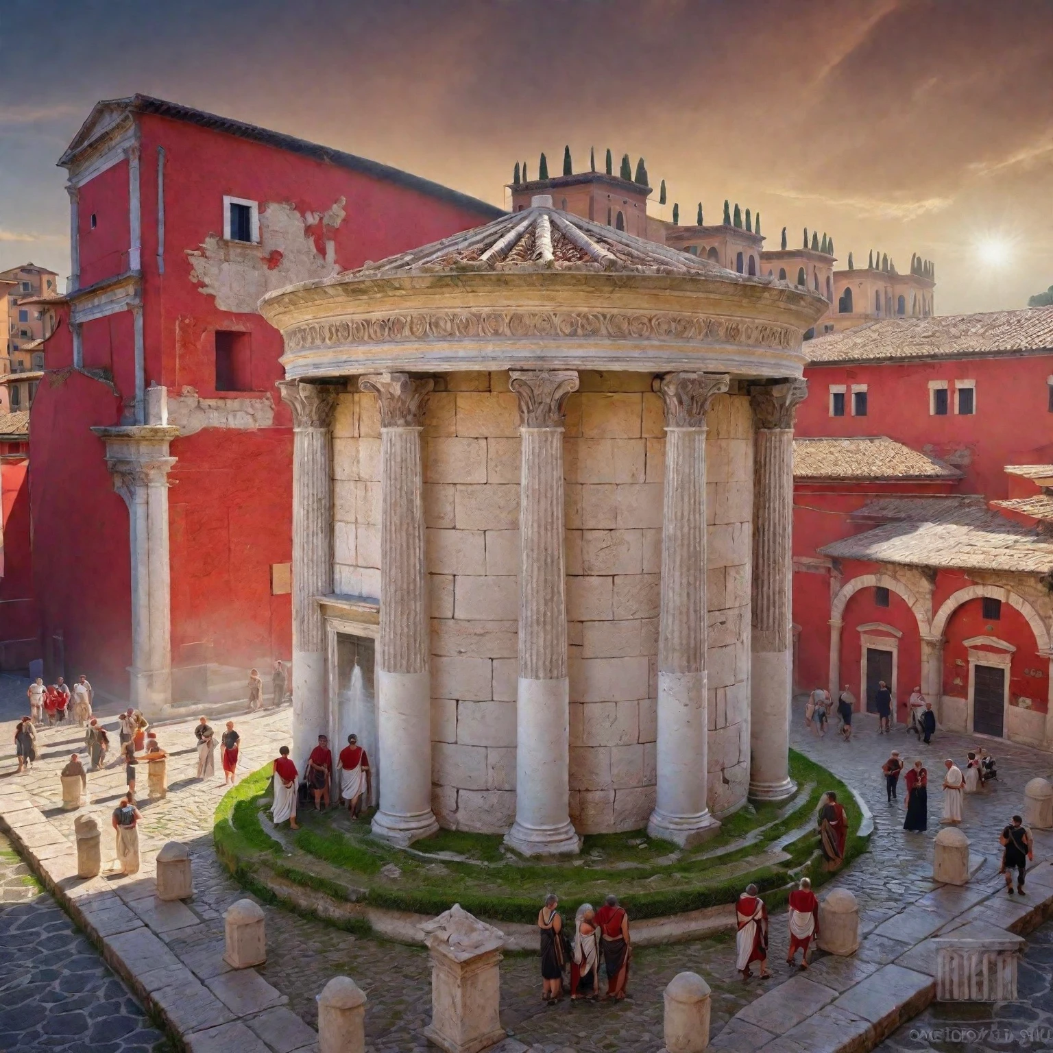 there is a small building with a fountain in the middle of it, red and white stucco, market in ancient rome, old roman style, roman city, ancient roman style, ancient roman setting, roman festival backdrop, ancient rome, ancient marble city, ( ( ruins of ancient rome ) ), roman style, ancient greek city, roman architecture,
