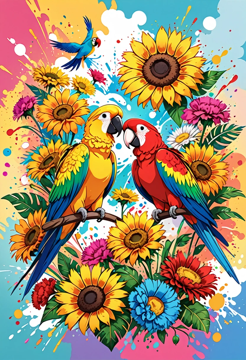 vectorial art, Colorful illustration with two parrots and many carnations and sunflowers in the center, swirly vibrant colors, paint splashes and smears, high détail,Hawaii Background
