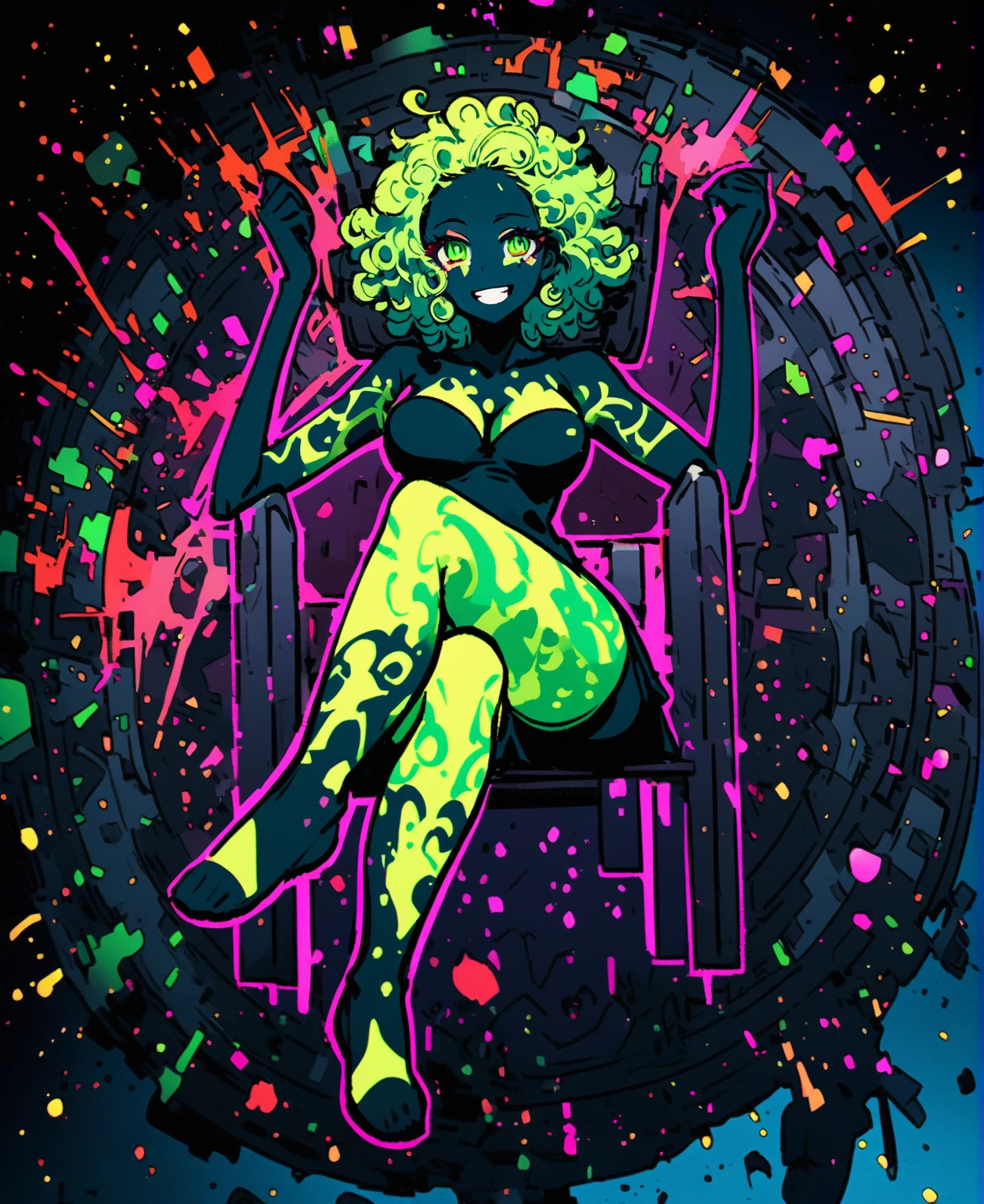 Sitting, cross-legged, sofa,black skin, anime woman, happy, glowing dark green eyes, glowing dark green tattoos, glowing dark green messy curly hair, wearing a black dress, black roses in hair, full body, ((Leg Crossing ))