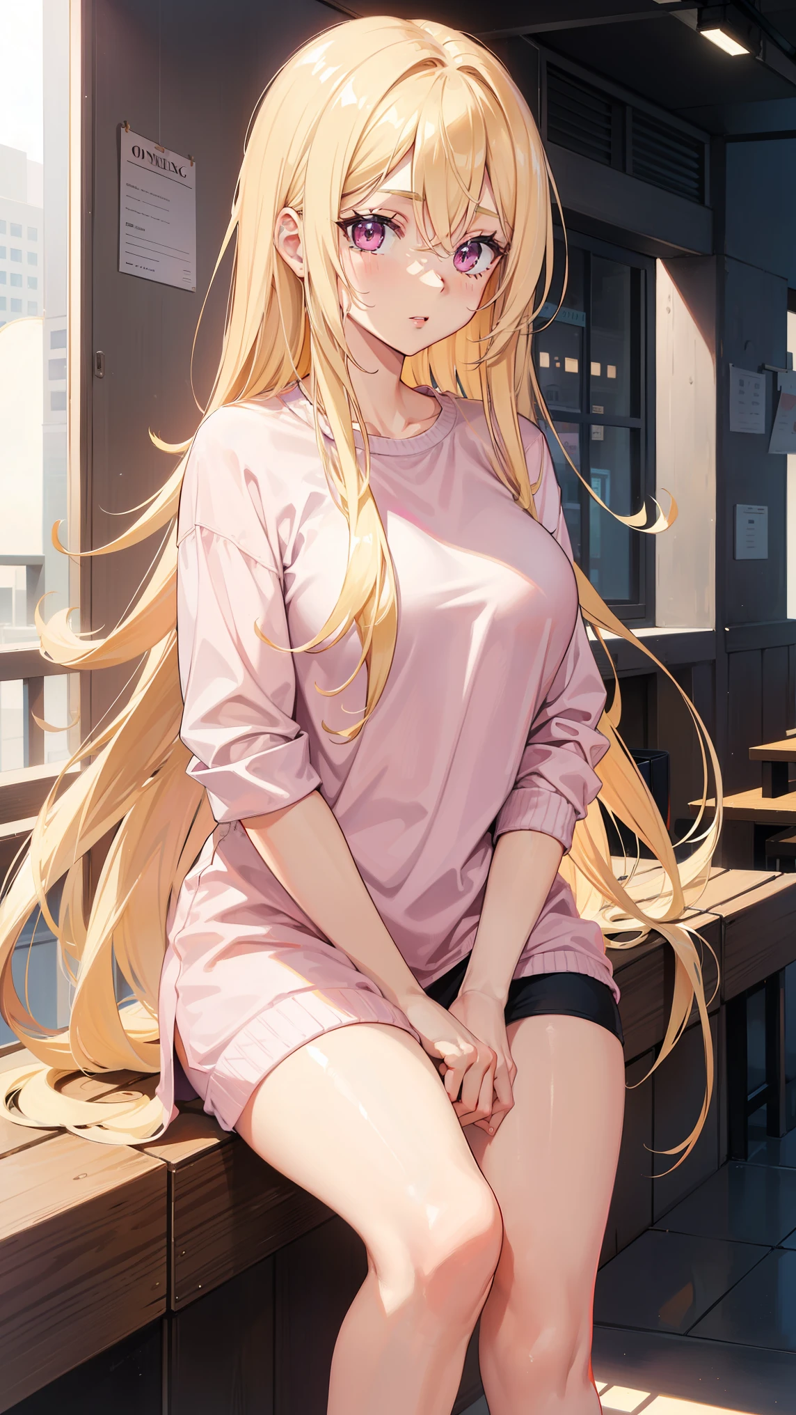 (((Adult woman))), long blonde hair, (Pink eyes), (casual), morning city