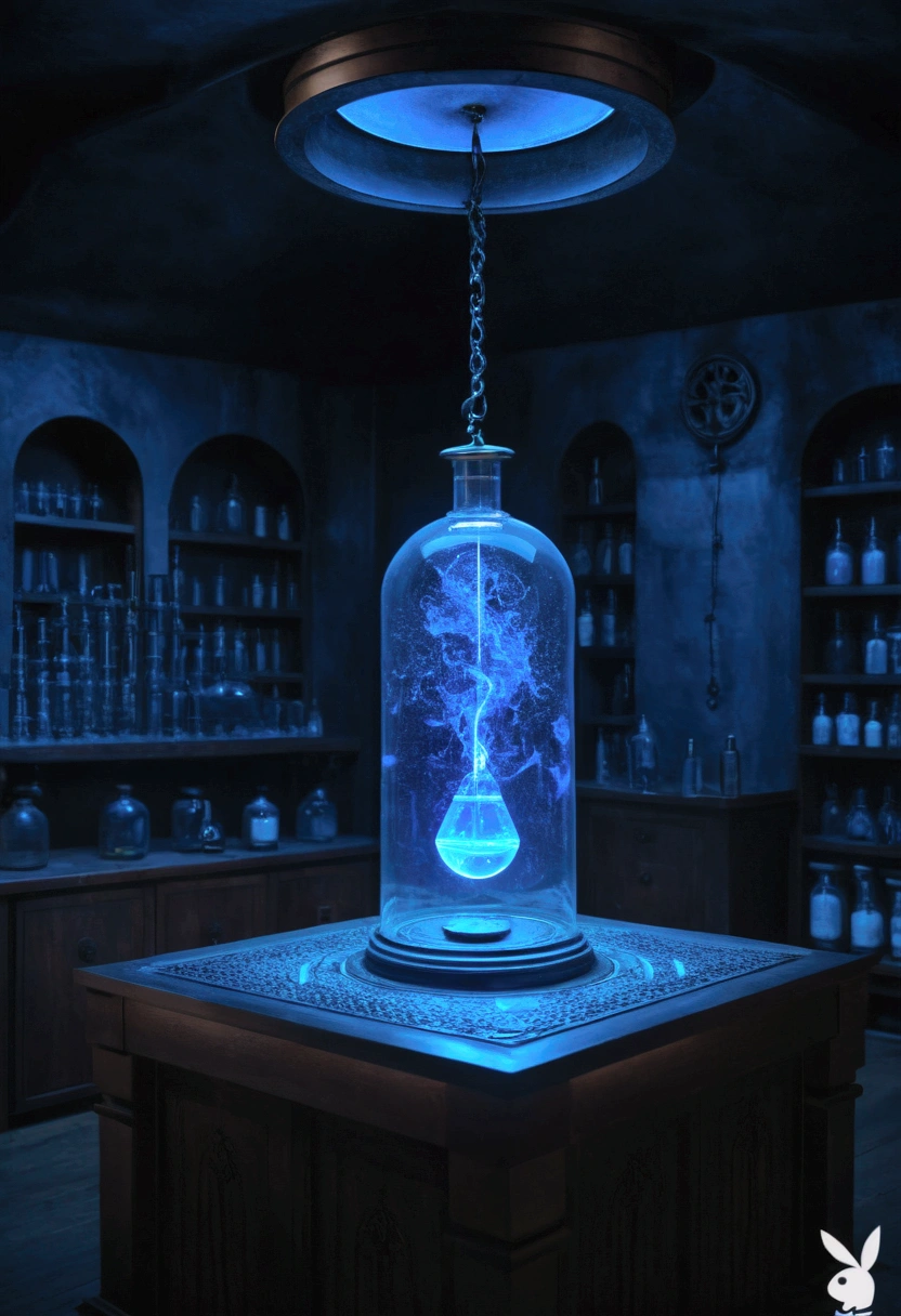 a secret alchemy laboratory with a glowing blue capsule in the center