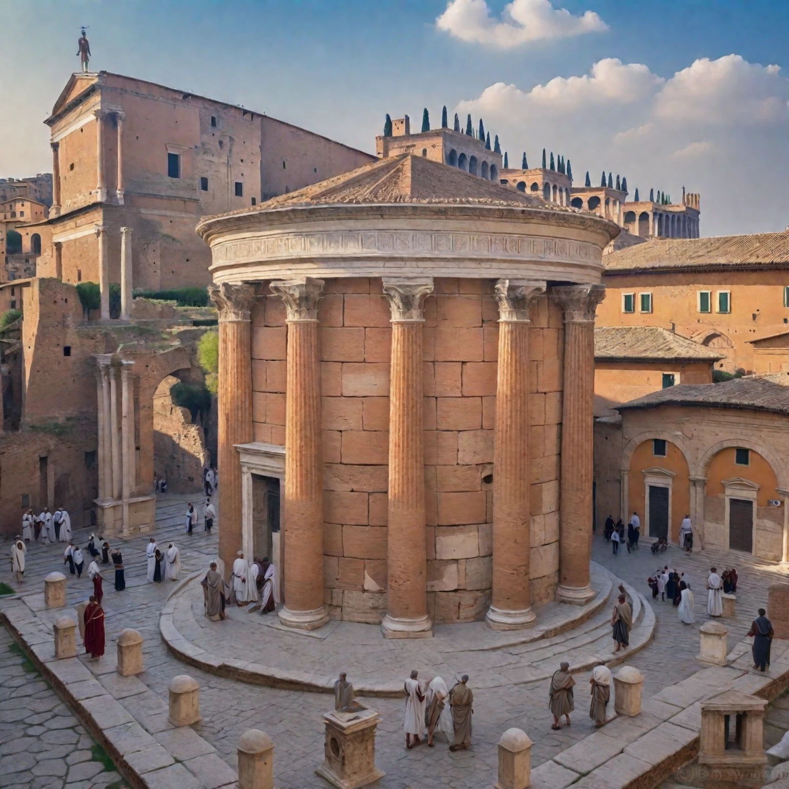 arafed view of a city with a lot of buildings and a clock tower, roman city, rome, ancient rome, rome in background, eternal city, roma, roman monuments, ancient roman setting, rome backdrop, roman historic works, market in ancient rome, old roman style, colosseo, city ruins in the background, ancient roman style, view from slightly above