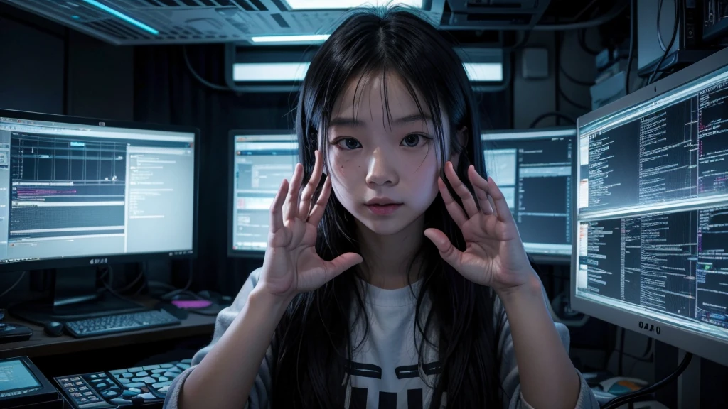 Zoe Chen, 28-year-old hacker, surrounded by floating holographic screens in a small, cluttered apartment, fingers manipulating data in mid-air