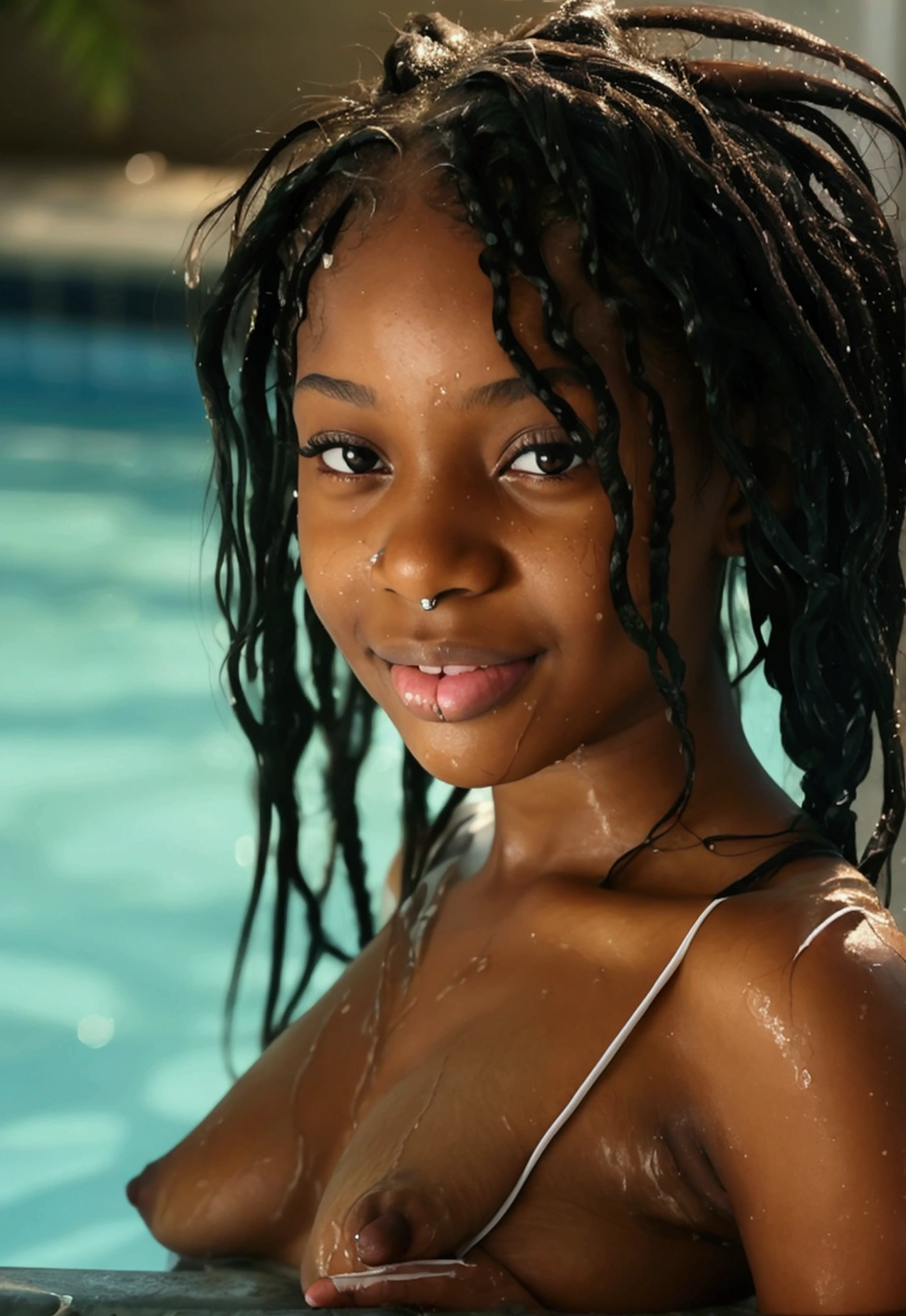 ((photo of a sexy 19 year old black girl)), , (((light nipples))), (((white nipples))), sexy and naughty face, braided hairstyle, pool day, (((small tits))), ((( wet hair))), smiling, full body photo