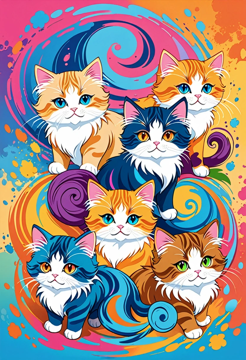 vectorial art, Colorful illustration with five cute Persian cats, At the center, swirly vibrant colors, paint splashes and smears, high détail,Hawaiian style background