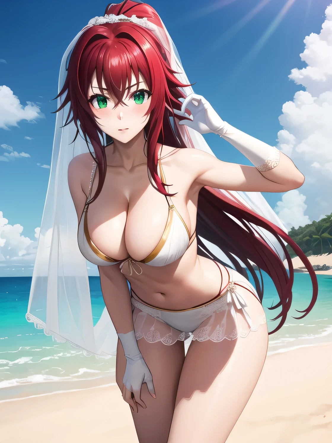  picture from behind, rias gremory, long hair, hair between eyes, (green eyes:1.3), red hair, masterpiece, best quality, highres, high_definition, long hair, a beach, 1girl, solo, a woman in a sexy bridal outfit, white glove, sexy pose, blush, bangs, hair_between_eyes, green eyes, veil, medium breasts, very long hair, ponytail, arms behind body, picture until her knees, sexy,

