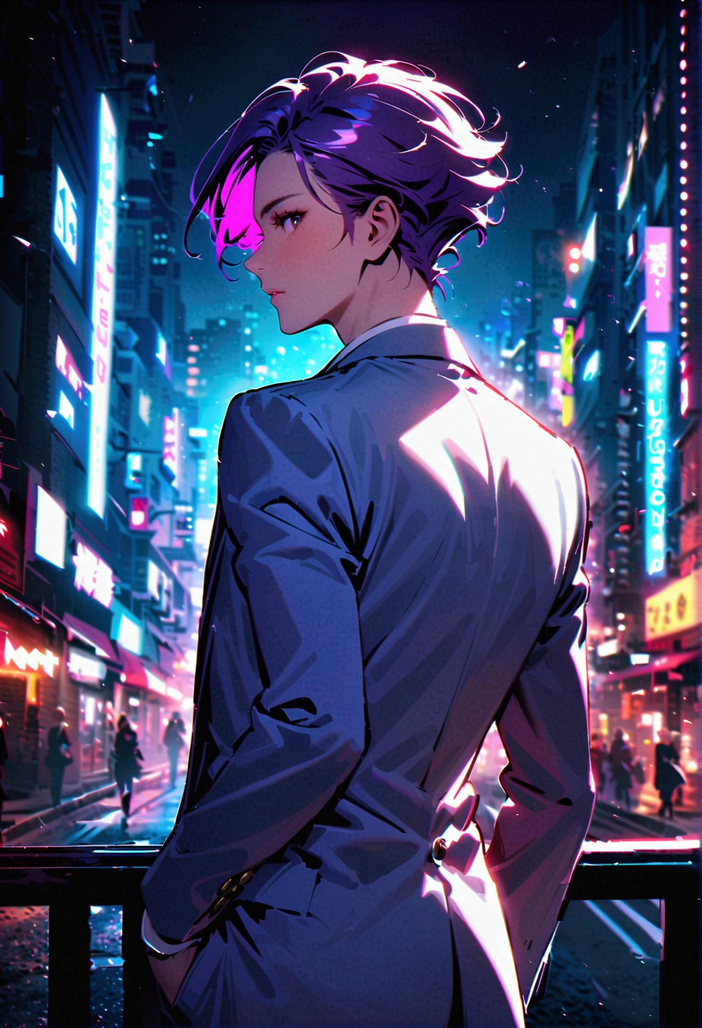 A man with purple hair in a white suit turns his back on the city at night.