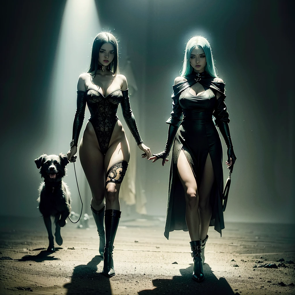 Anthropomorphic rotgrün Biolumineszierende meerket Erdmännchen with dog playing with light and walking modestly with sassy expressions, 

bright boots, 

expressive round eyes, 

Nicola Samori style meets pin-up art, 

textured ethereal backdrop complements thin necks and full figures, 

complex detailing, 

contrasting colors, 

intricate patterns for depth, 

enhanced by backlighting, 

fine ink rendering, 

dry watercolor effects, 

sharp contours, 

surreal digital painting., 

sf, 

intricate artwork masterpiece, 

ominous, 

matte painting movie poster, 

golden ratio, 

trending on cgsociety, 

intricate, 

epic, 

trending on artstation, 

by artgerm, 

h. r. giger and beksinski, 

highly detailed, 

vibrant, 

production 