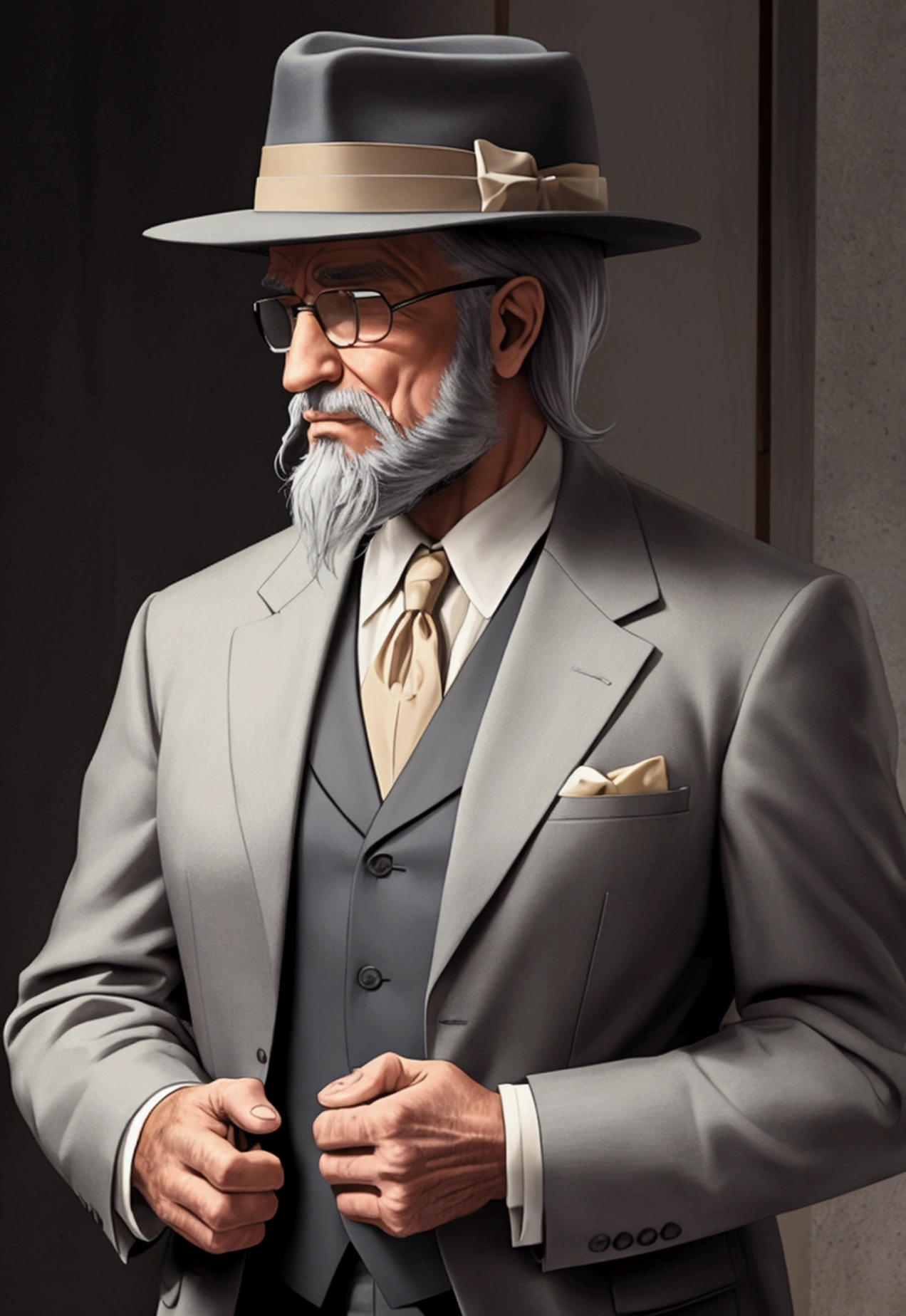 a rich old man in a suit, only upper body, with a fedora and a beard
