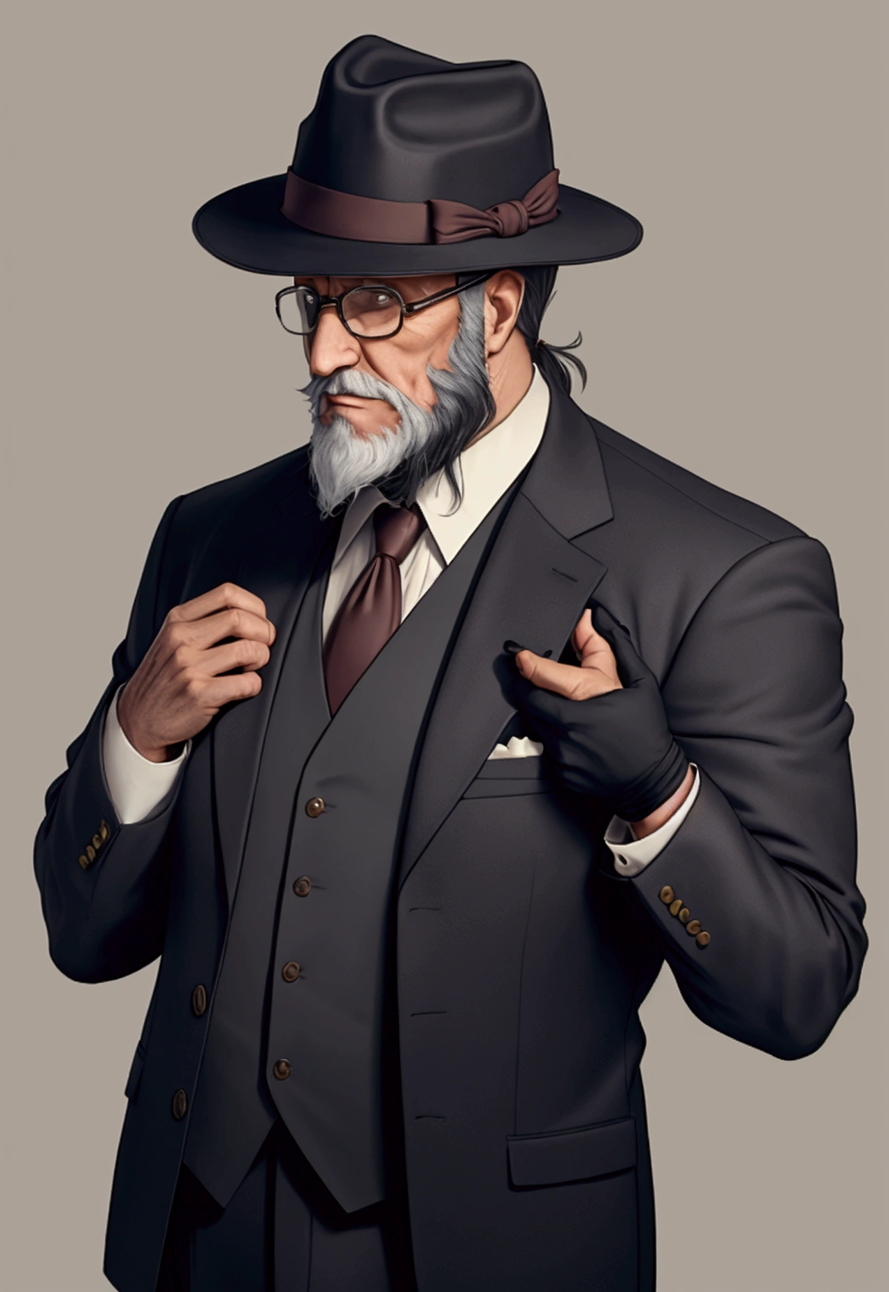 a rich old man in a suit, only upper body, with a fedora and a beard