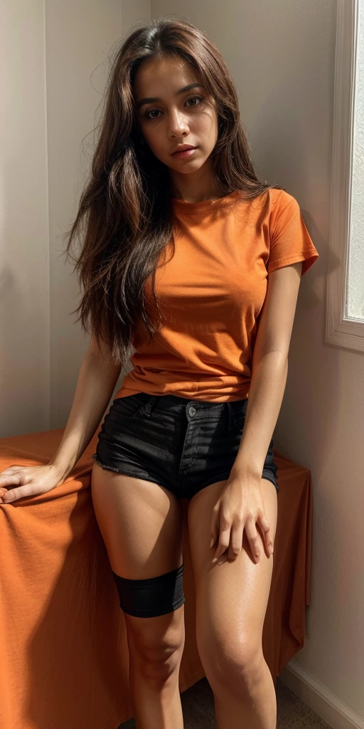 Melanie Rios, straight hair, thin body, expressive eyes, above view, looking to the viewer, orange t-shirt, black shorts