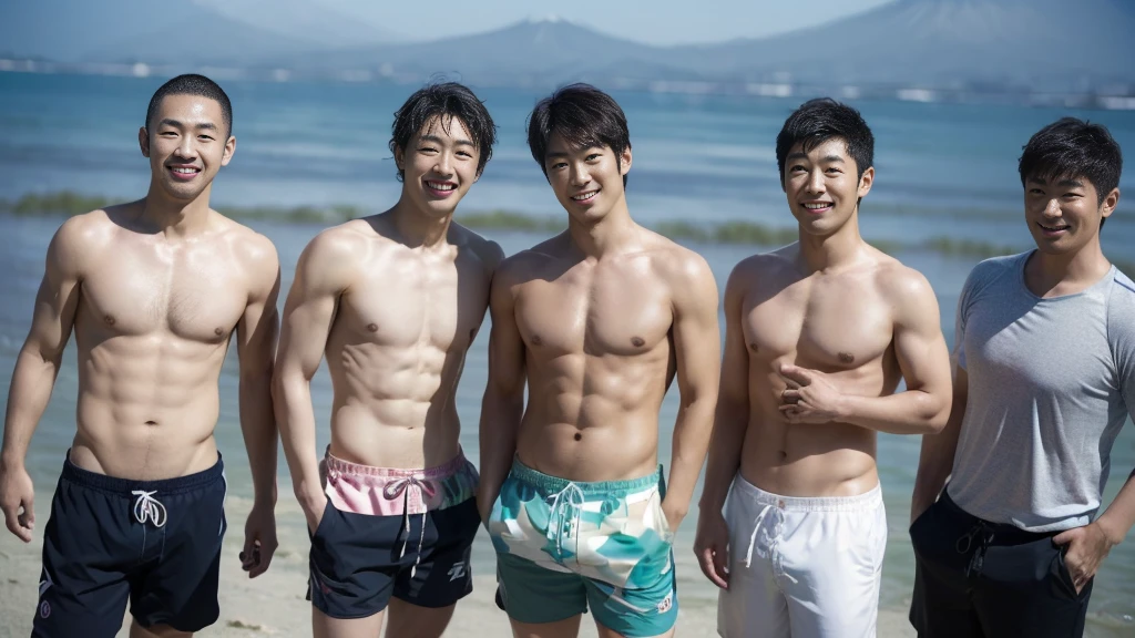 Angle from the front,(only 3 Japanese men facing forward, standing at a distance and facing the viewer:1.6), (3 Smiles:1.4), wearing only swim trunks,