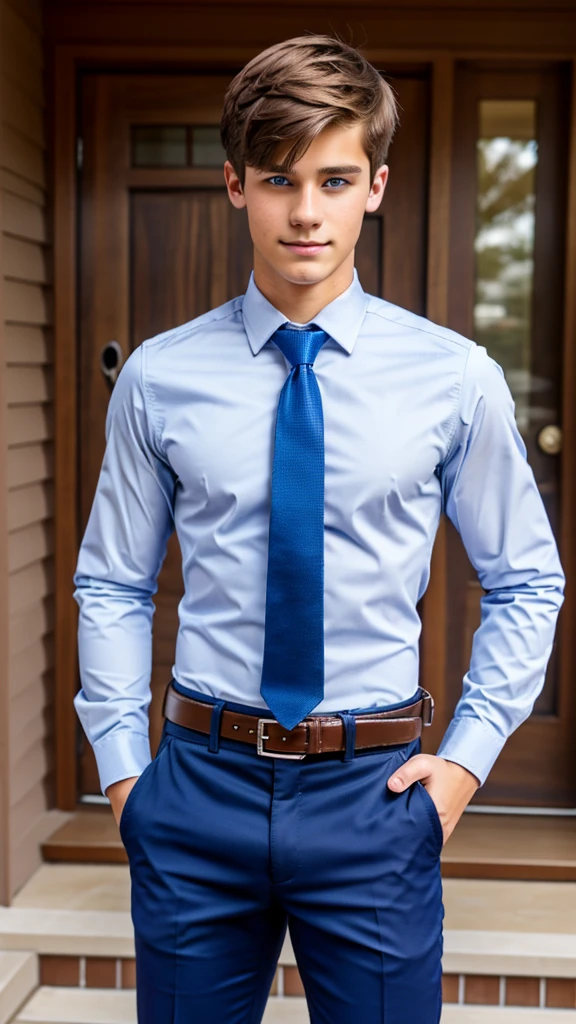 19 year old male wearing tie and lomg sleveed button up with belt and tucked in
4K HIGH REZ 

Physical Description: Brown colored hair and skinny build. 5"5 and 150 LB. Blue eyes. 

.