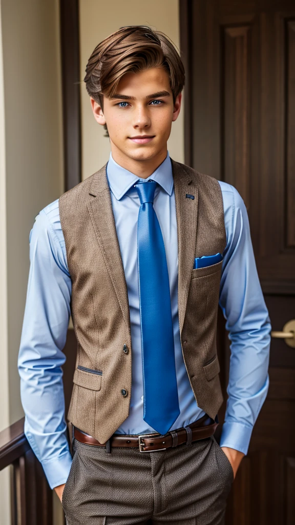19 year old male wearing tie and lomg sleveed  button up with vest with dress pants and  3 belts
4K HIGH REZ 

Physical Description: Brown colored hair and skinny build. 5"5 and 150 LB. Blue eyes. 

.